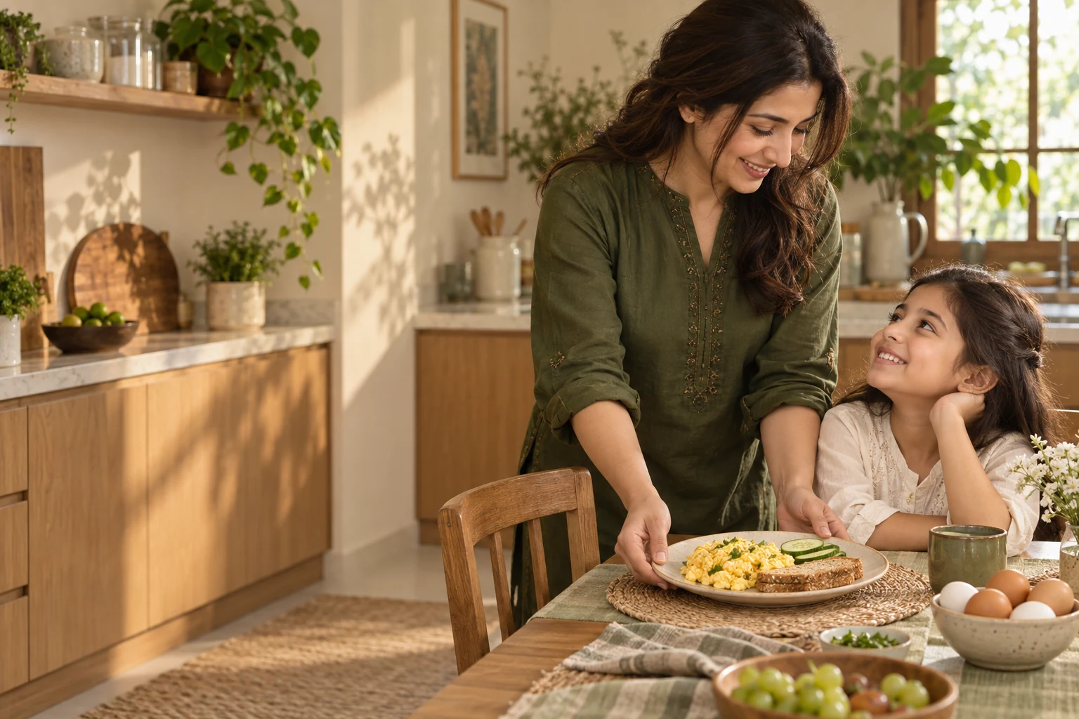 Illustrative Pakistani mother and daughter sharing a breakfast of cooked eggs, toast and cucumber