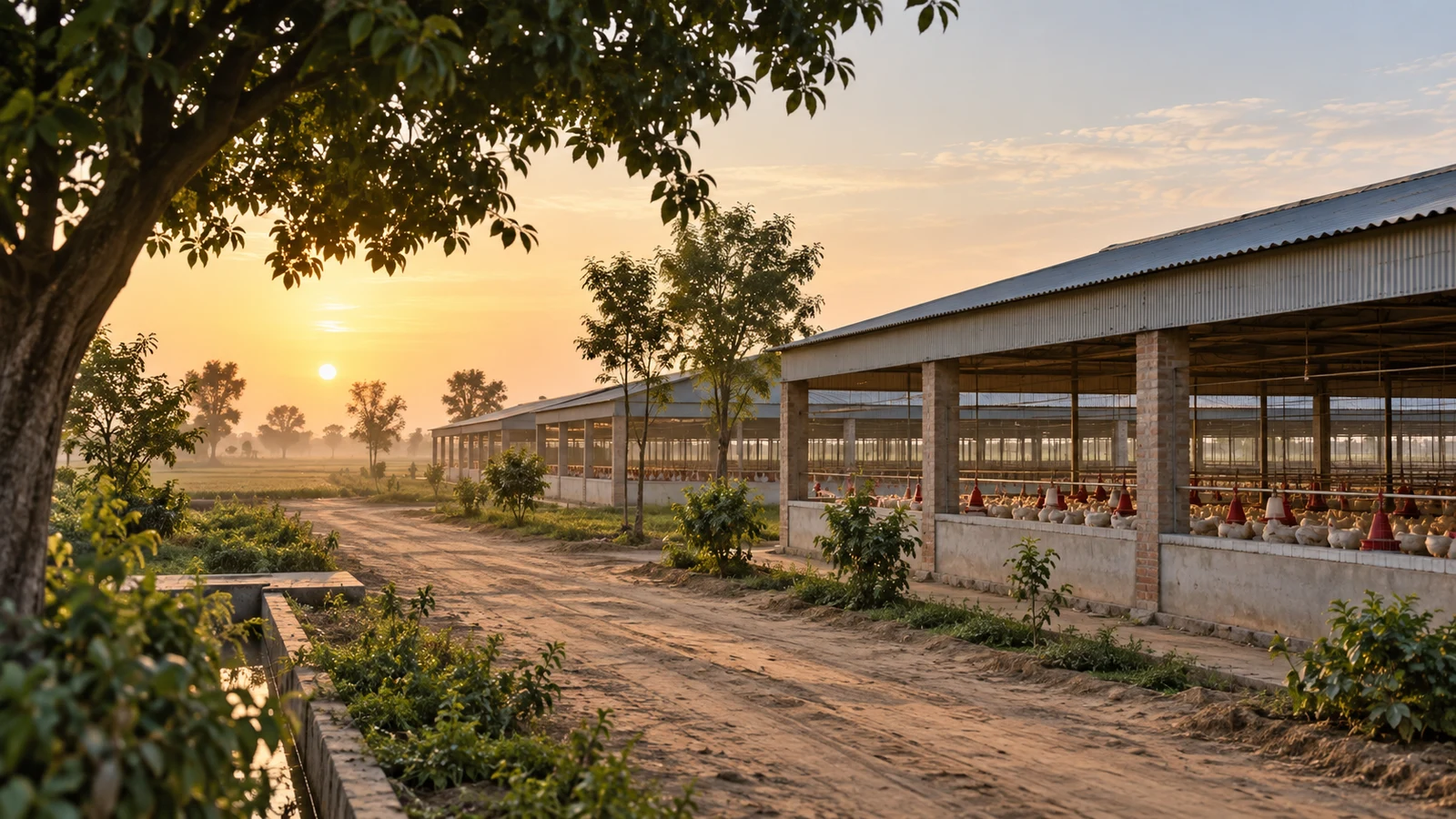 Illustrative open-sided poultry sheds on flat land