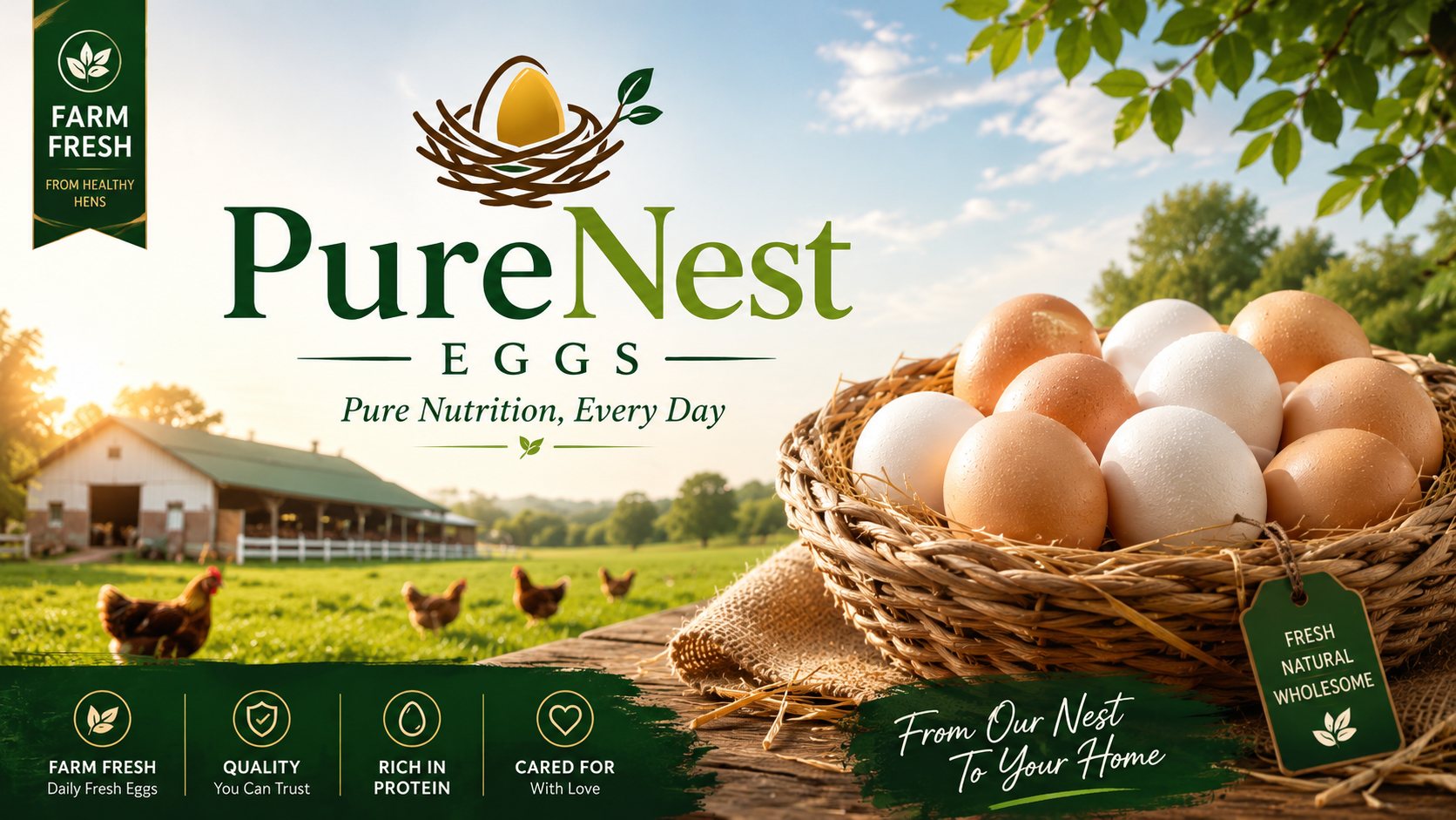 A basket of fresh PureNest eggs on a sunny farm